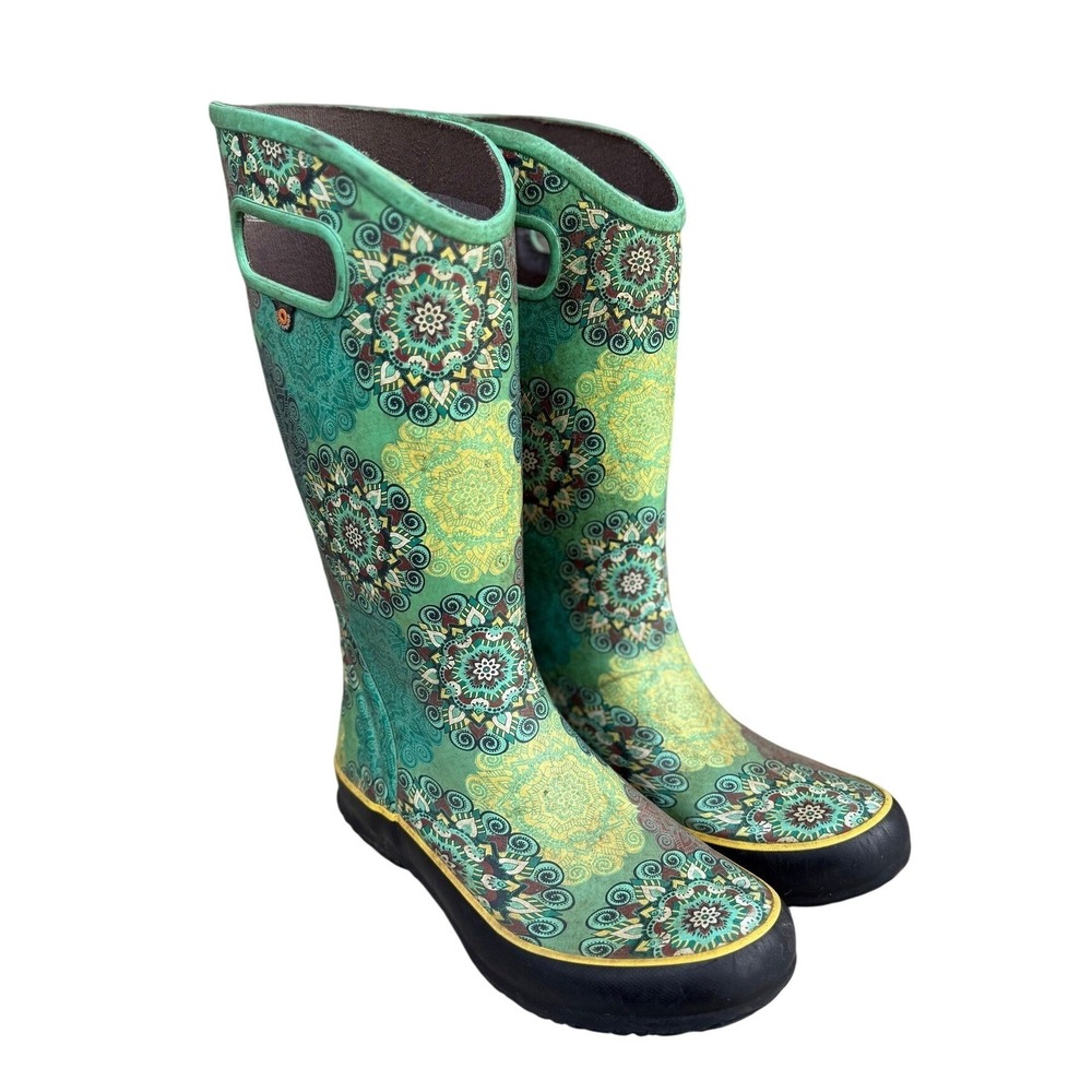 Bogs Classic High Waterproof Rain Boots Green Mandala Floral Womens 7